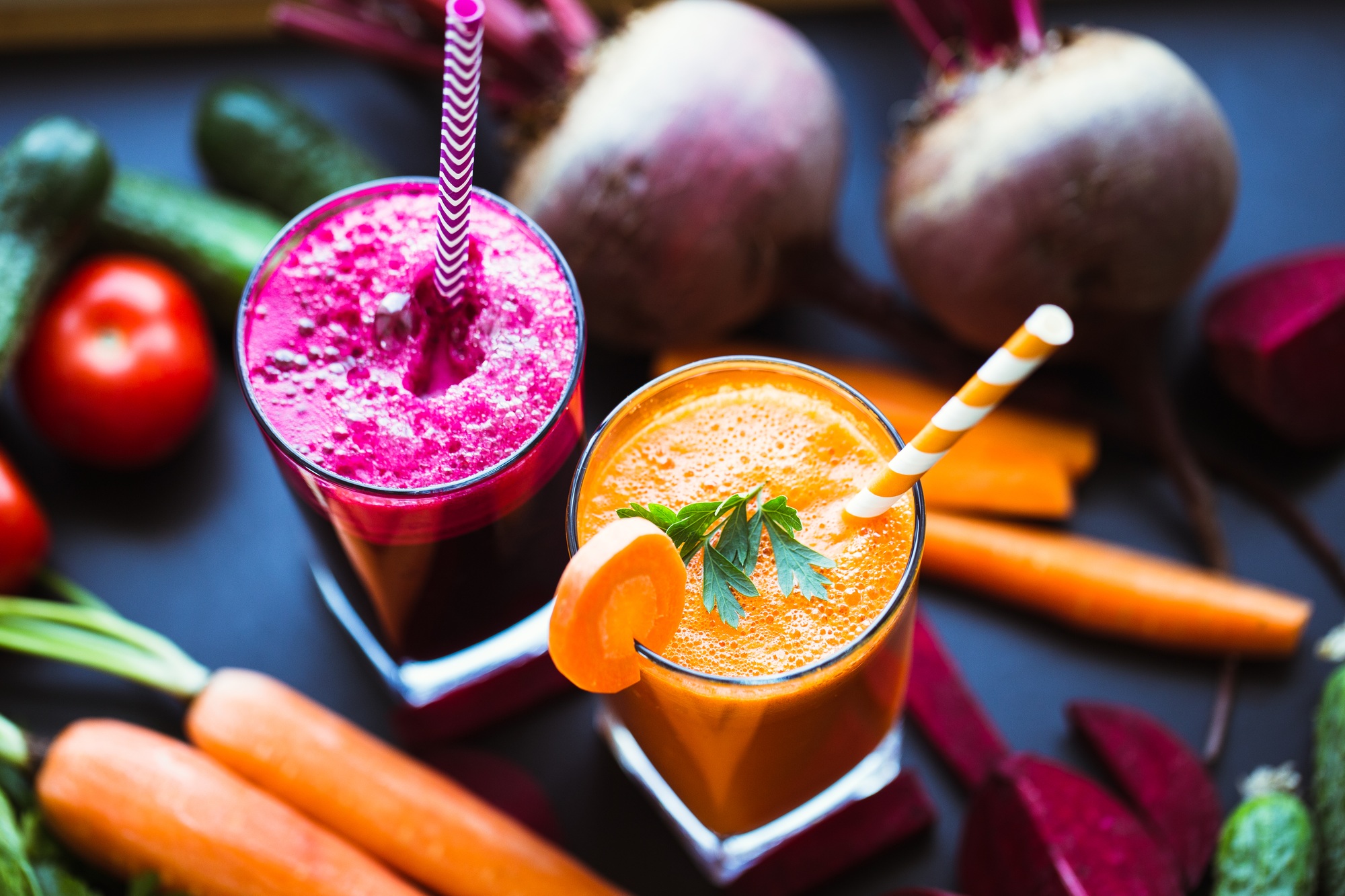 Freshly Made Vegetable Juices, Carrot, Beet. Vegetarian food. Healthy life.