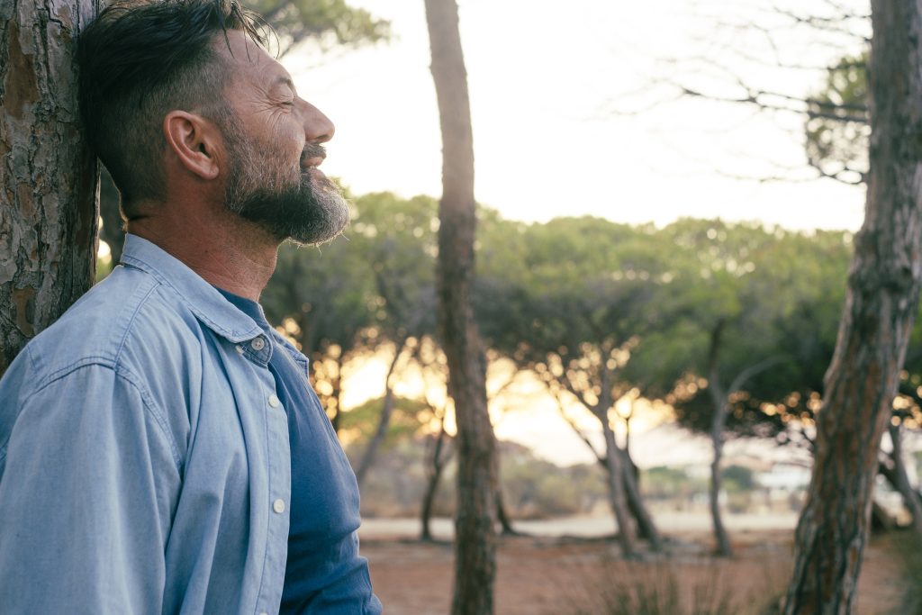 A bearded man in a blue shirt leans against a tree, surrounded by greenery in a serene outdoor setting.